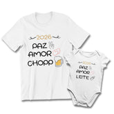 Conjunto Camiseta e Body de Bebê - Paz, Amor e Chopp/ Leite